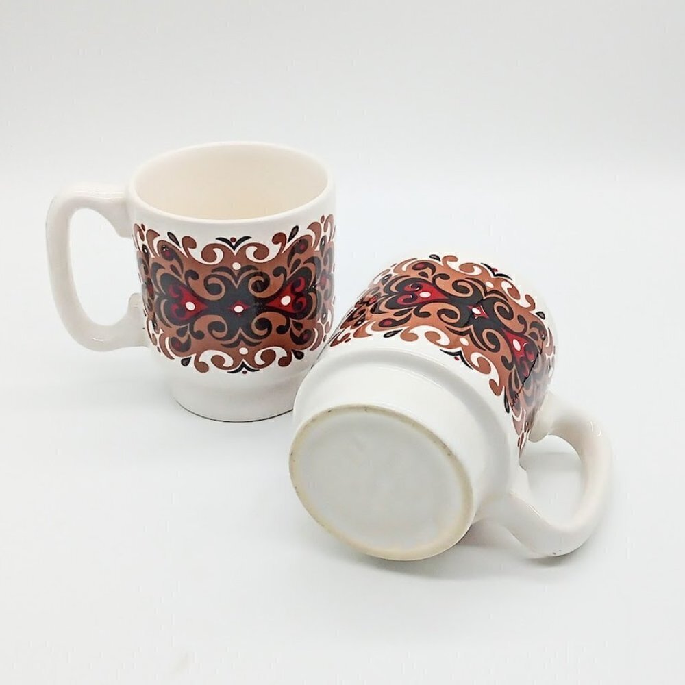Vintage Black Brown Red Swirl Stackable Ceramic Mugs (2)